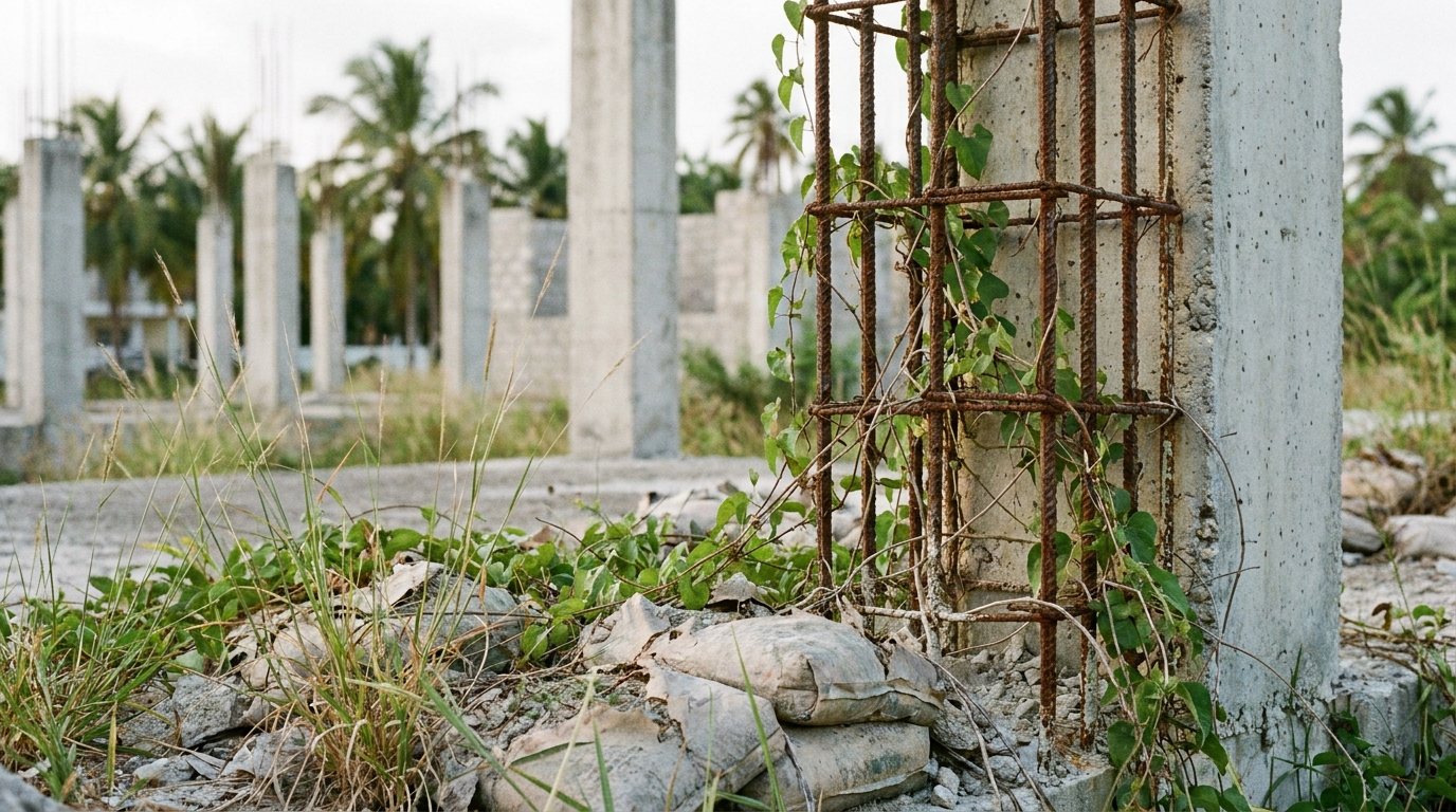 Fers à béton rouillés sortant d'un poteau inachevé, sacs de ciment durcis et herbes hautes sur un chantier tropical à l'arrêt