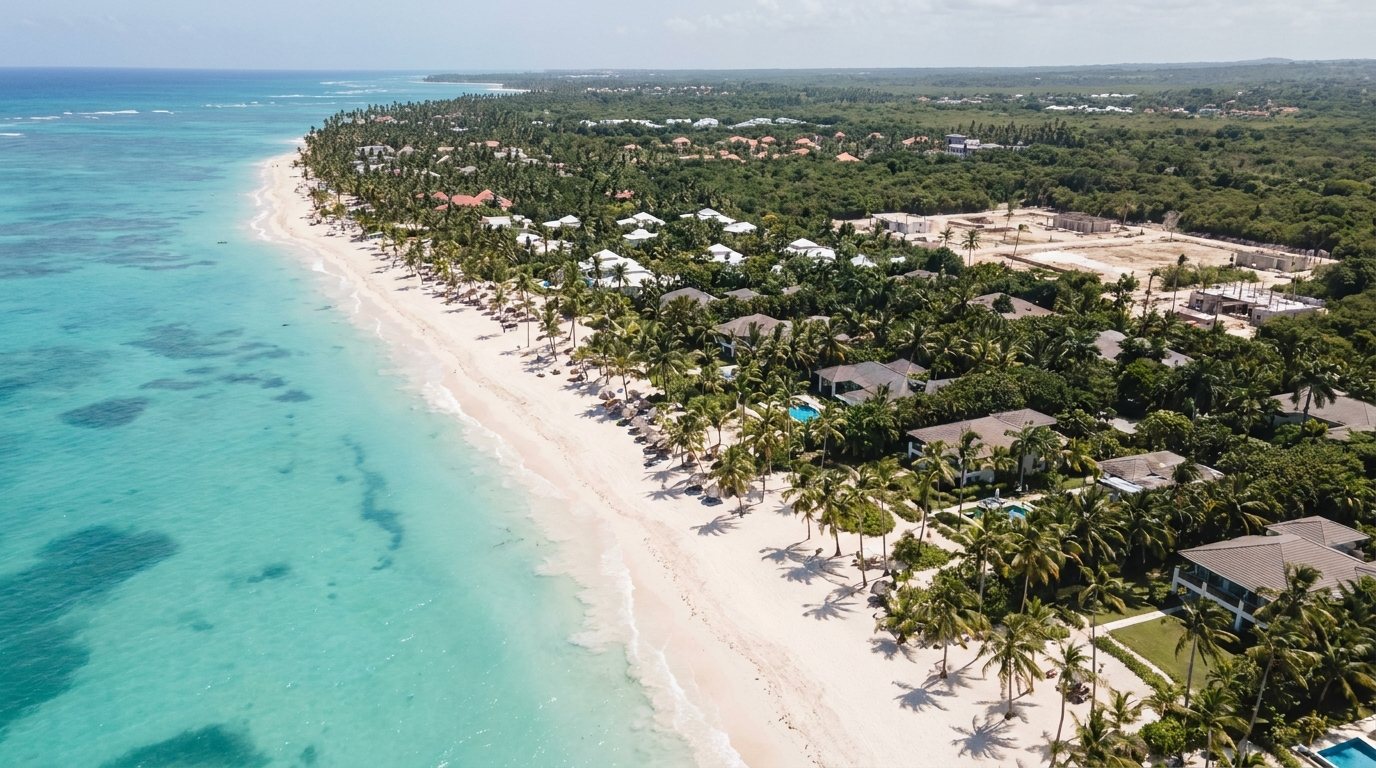 Villa moderne blanche à Punta Cana, allée dallée et jeunes palmiers plantés devant l'entrée